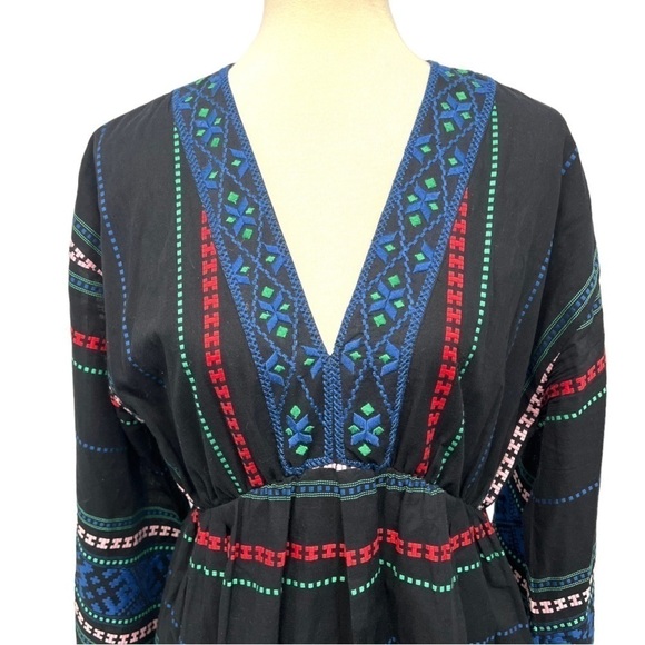 Joie Shada Black Embroidered V Neck Kimono Sleeve Cotton Boho Dress Women Large - Picture 7 of 14
